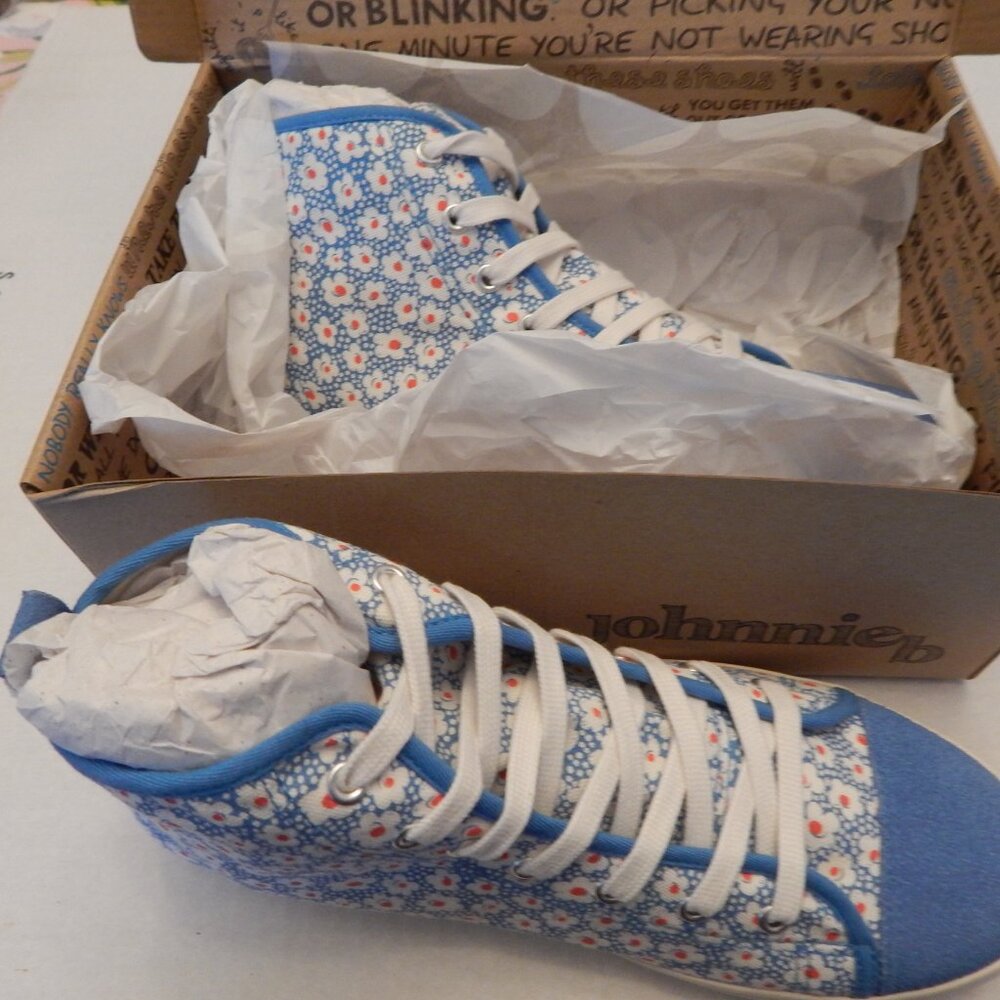 Brand New, never worn, blue with white and red floral sneakers, size 39 or 8.5,